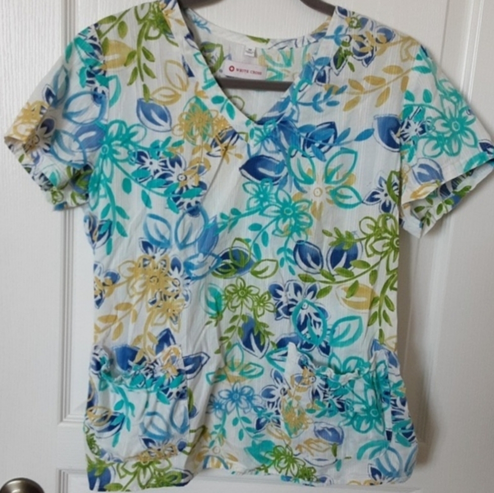 White Cross Scrubs V-neck‎ Top